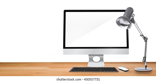 Computer on a desk on white background