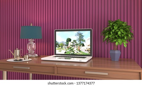 Computer on office table. 3d illustration