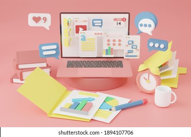 Computer with open pages and Interface symbols. Cloud computing connecting technology devices in 3D rendering on the working desk