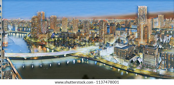 Computer painting of night Tokyo panorama\
with wide angle aerial view of Sumida river in illuminated Tokyo\
with bright bridges, skyscrapers and dark\
sky