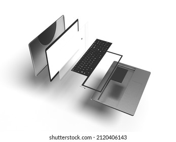 Computer Parts Floating On A White Background, 3d Illustration