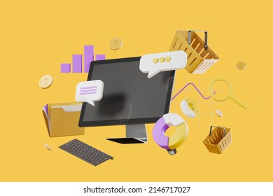 Computer pc and different icons, optimization and desktop app. Finance, communication, shopping and personal information. Concept of project management. 3D rendering