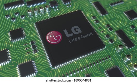 Computer Printed Circuit Board Or PCB With LG Corporation Logo. Conceptual Editorial 3D Rendering