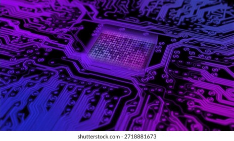 Computer processor chip on a vivid purple and blue circuit board