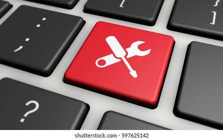 Computer repair service concept with work tools icons and symbol on a red button computer keyboard 3D illustration. - Powered by Shutterstock