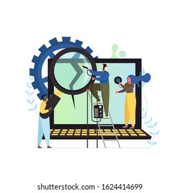 Computer repair service, flat style design illustration. Tiny people technicians repairing broken laptop screen. Computer installation, maintenance, recovery, diagnostics services concept. - Powered by Shutterstock