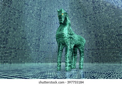 Computer Safety Concept, Trojan Horse In Electronic Environment. 3D Illustration.