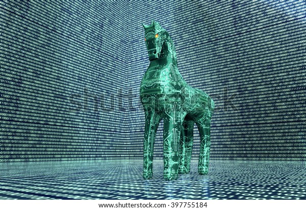 computer safety concept, trojan horse in\
electronic environment. 3D\
illustration.