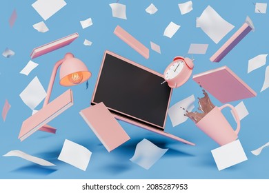 Computer Screen with books and and sheets of paper floating around. concept of study, learning, online education, work and stress. 3d rendering