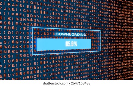 Computer screen, download symbol and progress bar. Device screen, download symbol and progress bar. Unauthorized download, hacked computer system, copmuter crime, data, file, code. 3D illustration