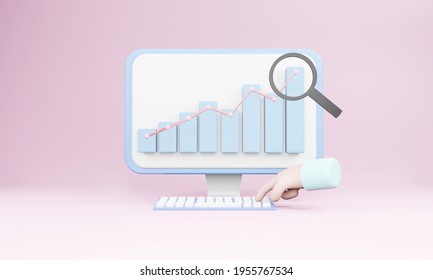 Computer screen and finger press a keyboard with graphs and diagrams. Stock market ideas and statistics 3d rendering