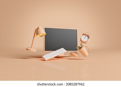 Computer Screen with keyboard, clock, lamp, mouse and coffee floating in the air. concept of study, online education, computer, work and stress. 3d rendering - Powered by Shutterstock