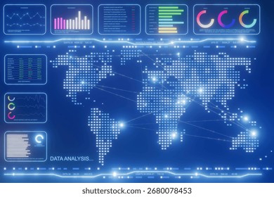 A computer screen with a map of the world and the words data analysis. The map is filled with small dots