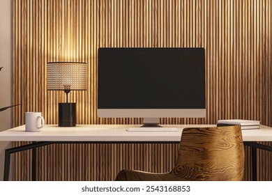 A computer screen on a modern desk with a lamp, books, and a cup in a wooden background office room. Technology and workspace concept. 3D Rendering.