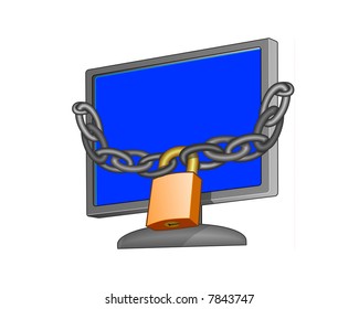 Computer screen with padlock and chain