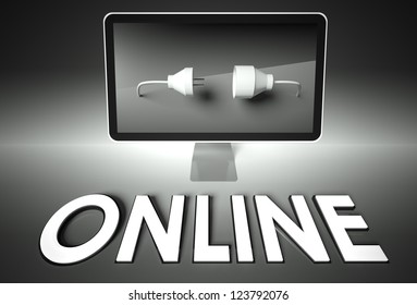 Computer screen and plug with word Online, Connection concept
