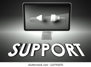 Computer screen and plug with word Support, Help concept
