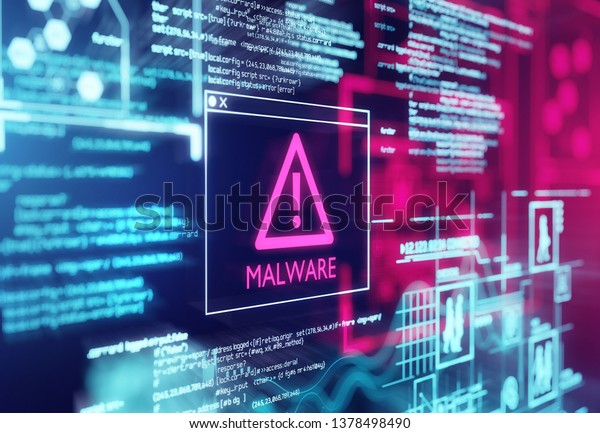 A computer screen with\
program code warning of a detected malware script program. 3d\
illustration