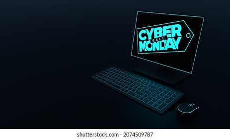 Computer screen showing Cyber Monday sale event on dark background. 3D illustration of futuristic online shopping with room for text. - Powered by Shutterstock - Get 15% off with code: PIKWIZARD15