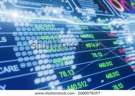 A computer screen shows a graph of stock prices. The numbers are in green and red. The numbers are in the thousands and millions