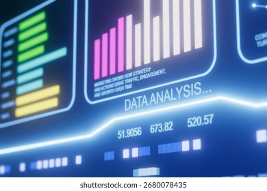 A computer screen shows a graph with the words data analysis on it. The graph is made up of different colored bars and lines
