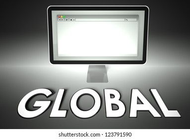 Computer screen and web browser with word Global, Network concept