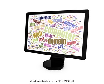 Computer screen with computer word-cloud on white background