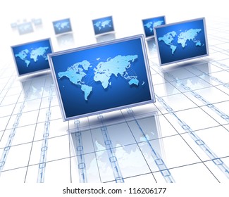 Computer screens with an image of the world on them>
