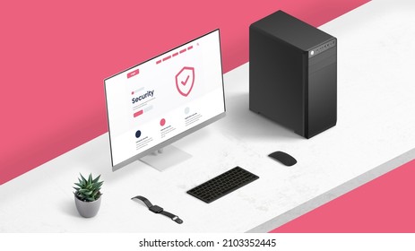 Computer security concept. Computer display with company security page layout. Office desk isometric position. 3D render