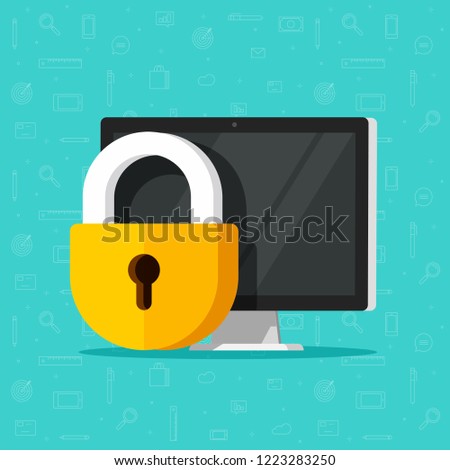 Computer security illustration isolated, flat cartoon design desktop pc protected with lock, concept of firewall protection, privacy access, private data, safety service or system image