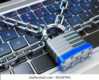 Computer Security Or Safety Concept. Laptop Keyboard With Lock And Chain. 3d