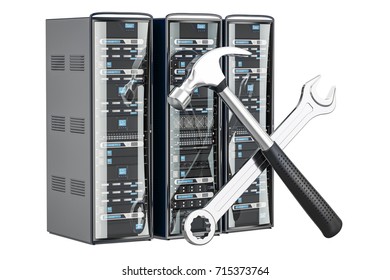 Computer Server Racks with tools. Repair and recovery concept, 3D rendering isolated on white background