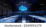 A computer server room with a large blue cloud on the wall. The room is filled with rows of servers and the cloud is glowing brightly. Scene is futuristic and technological