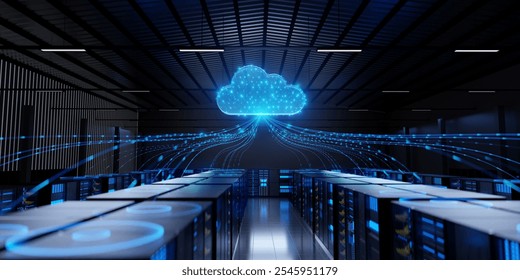 A computer server room with a large blue cloud on the wall. The room is filled with rows of servers and the cloud is glowing brightly. Scene is futuristic and technological