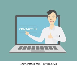 Computer service support. Man in headset on the laptop screen. Contact us.