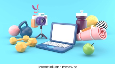 The computer is surrounded by camera ,dumbbells, yoga mats, exercise water bottles, apples, balls and hearts on a blue background.-3d rendering.
