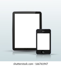 computer tablet with smartphone on blue background.