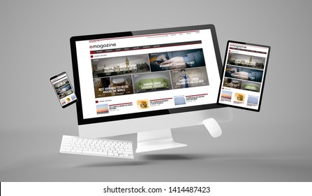 computer, tablet and smartphone showing e-magazine responsive website with white scren 3d rendering