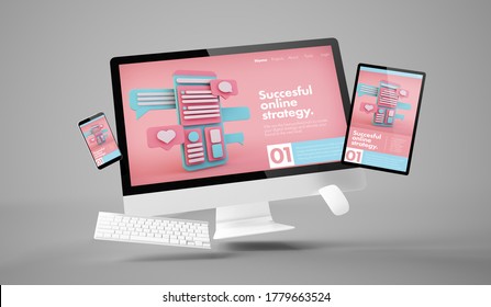 Computer, Tablet And Smartphone Showing Online Marketing Responsive Website With White Scren 3d Rendering