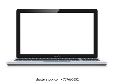 Computer technology and internet web communication concept: 3D render illustration of modern metal office laptop PC or silver business notebook with empty blank screen isolated on white background