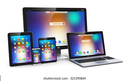 Computer Technology, Mobility And Communication Business Concept: Laptop, Notebook Or Netbook PC, Mini Tablet Computer, Touchscreen Smartphone And Desktop Monitor Display Screen TV Isolated On White