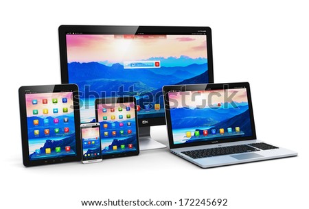 Computer technology, mobility and communication business concept: laptop, notebook or netbook PC, mini tablet computer, touchscreen smartphone and desktop monitor display screen TV isolated on white