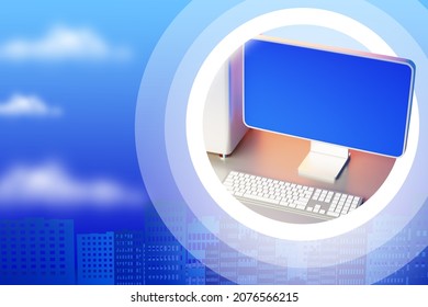 Computer Template. Visualization Of Monitor On Background Of City. Computer Mockup With Blank Screen. Desktop Computer On Background Of High-rise Buildings. Software Demonstration Location. 3d Image.