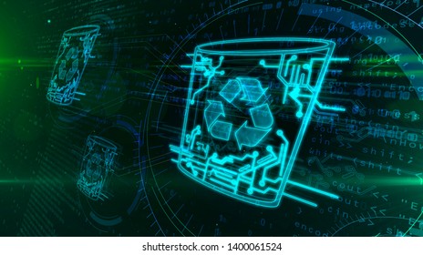Computer Trash Symbol On Dynamic Digital Background. Glowing Digital Data Delete Icon Abstract 3d Illustration. Bright Recycling Sign.
