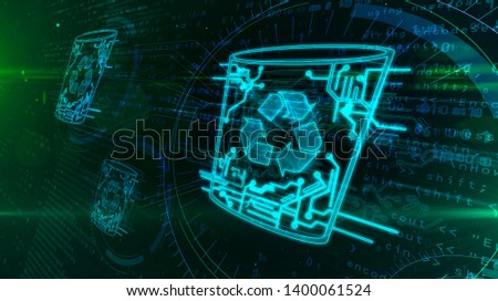 Computer trash symbol on dynamic digital background. Glowing digital data delete icon abstract 3d illustration. Bright recycling sign.