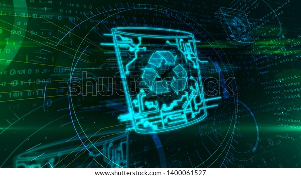 Computer trash symbol on dynamic digital\
background. Glowing digital data delete icon abstract 3d\
illustration. Bright recycling\
sign.