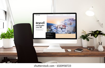 Computer with travel website on table 3d rendering