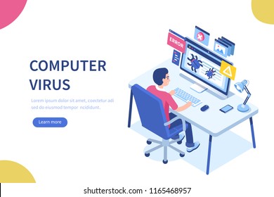 Computer virus concept with character and text place. Can use for web banner, infographics, hero images. Flat isometric illustration isolated on white background.