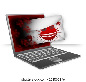 Computer Virus Concept Present By Computer Notebook Attacking By Computer Virus Via Email Isolate on White Background