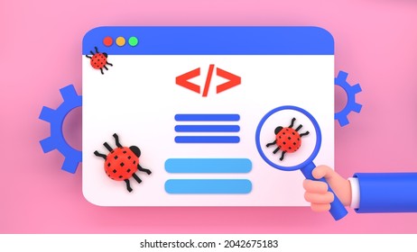 Computer virus concept. Web page with bugs and cartoon human hand holding magnifying glass. 3d render illustration.